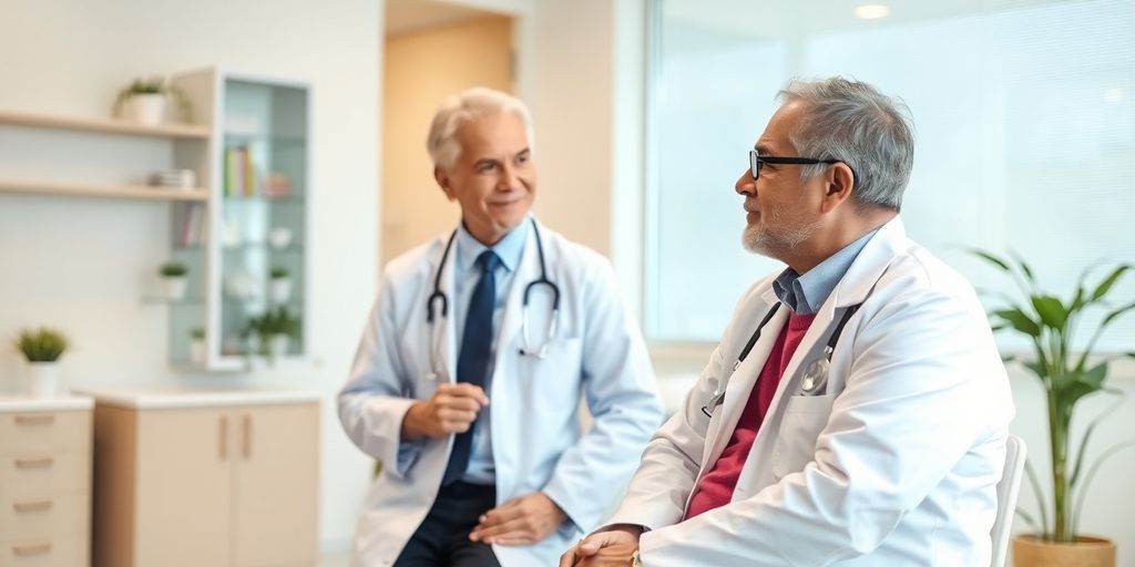 Magenkrebs: Arzt konsultiert Patienten in einer modernen Praxis.