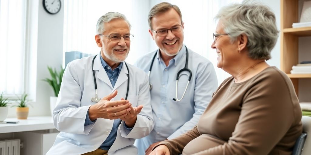 Patient im Gespräch mit Arzt in heller Praxis sprechen über Magenkrebs.