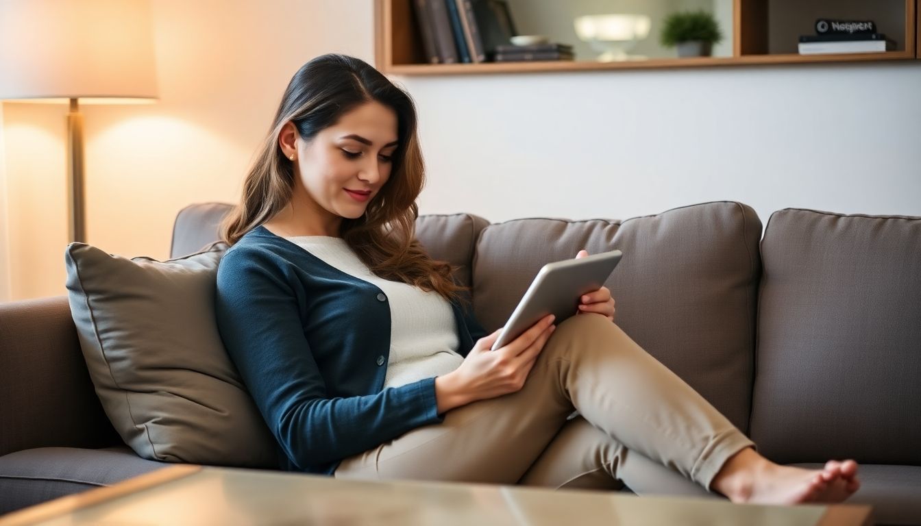 Symptome der Latexallergie: Woman researching latex allergy on a tablet at home.