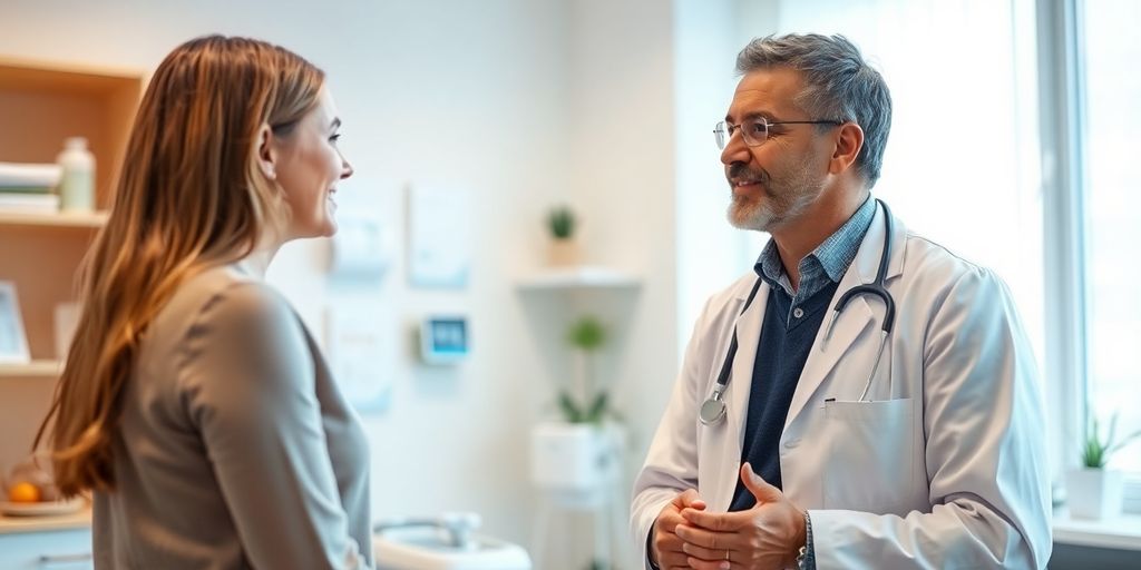 Arzt und Patient im hellen medizinischen Raum.