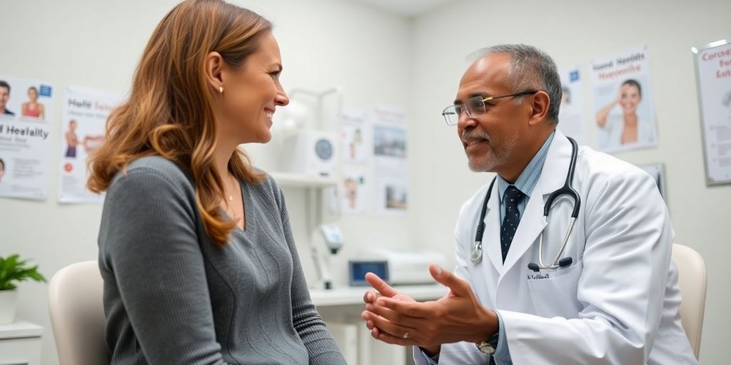 Leberhämangiom: Patient und Arzt in heller medizinischer Praxis.