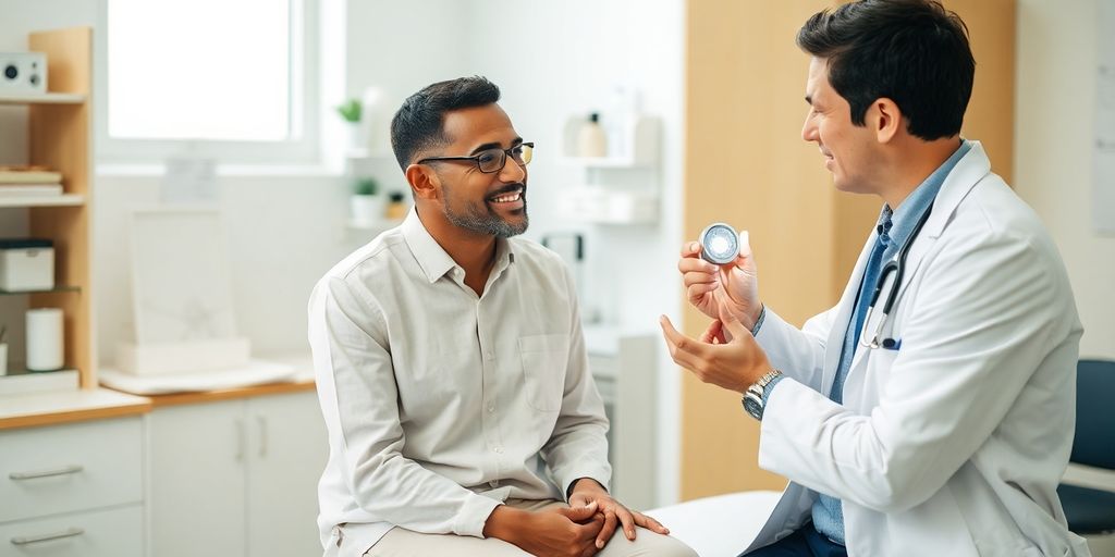 Mandelentzündung: Patient und Arzt in einer hellen Arztpraxis.