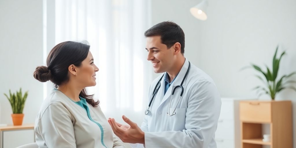 Giardiasis: Patient und Arzt in einer hellen Arztpraxis.