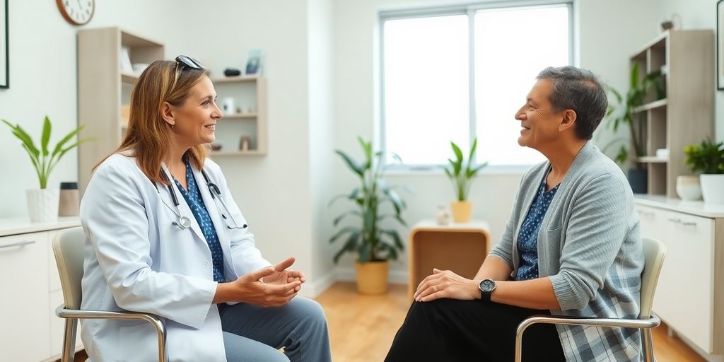 Hepatitis: Patient und Arzt in einer hellen Arztpraxis.