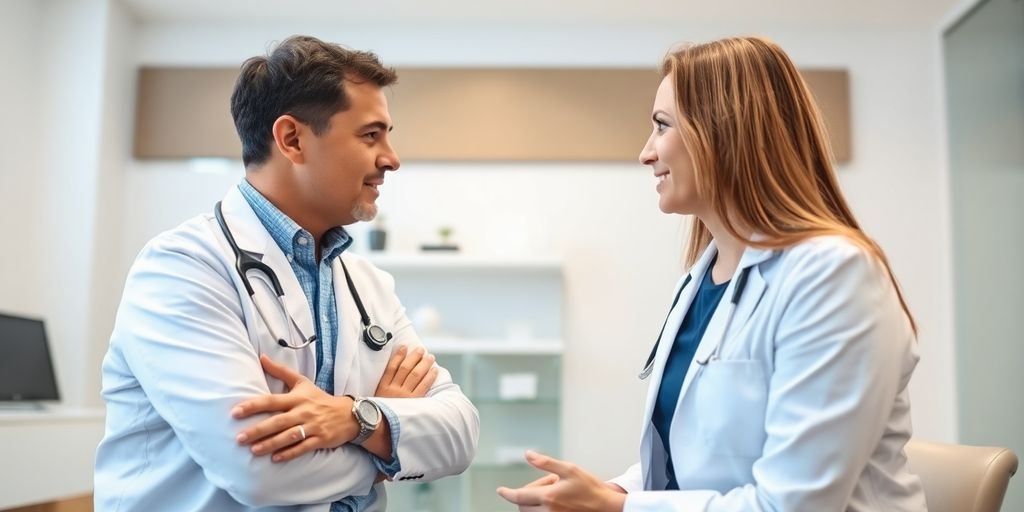 Diagnose von Haarausfall: Ärzte im hellen medizinischen Raum.
