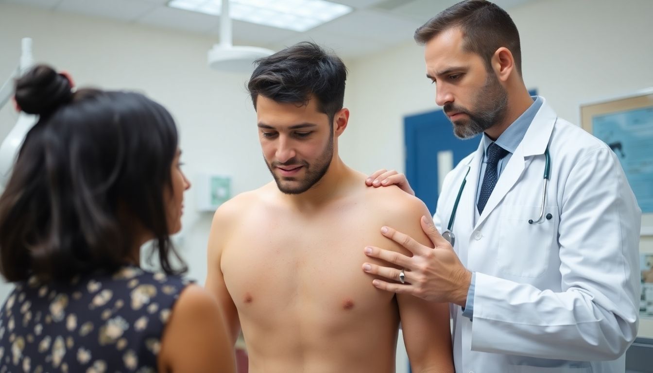 Typische Symptome der Kuhpocken: Doctor examining a patient with cowpox symptoms.