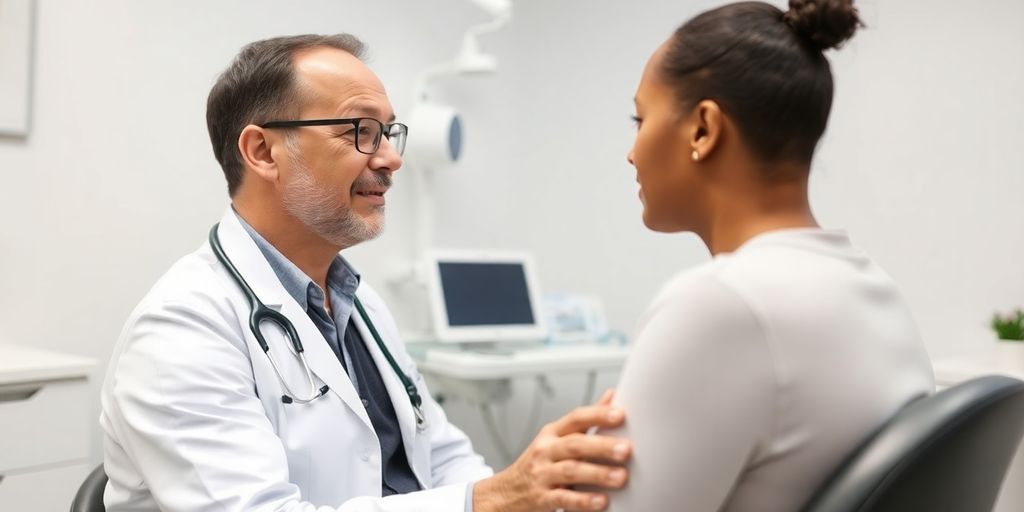 Haarausfall: Patient und Arzt im modernen medizinischen Raum.