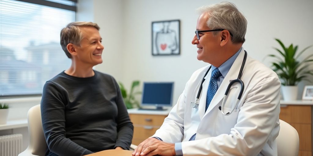 Symptome des Gallengangskarzinoms: Patient und Arzt in einer hellen Arztpraxis.