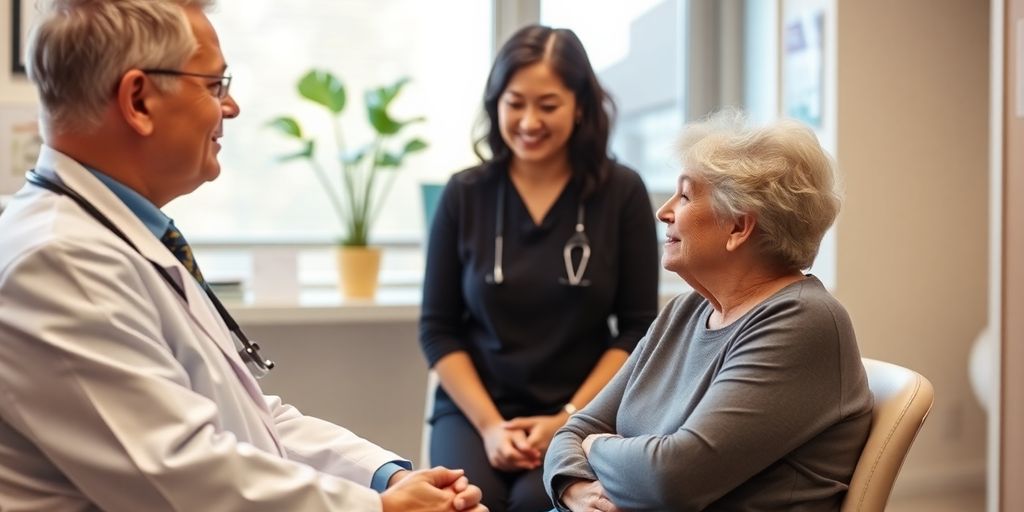 Gallengangskarzinom: Patient und Arzt im hellen medizinischen Raum.