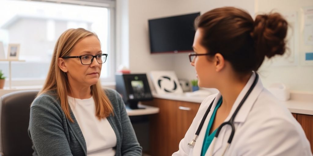 Patient und Arzt in einer hellen Arztpraxis.