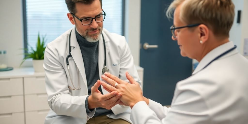 Bewegung und Frostbeulen: Patient und Arzt in heller Arztpraxis bei Untersuchung.