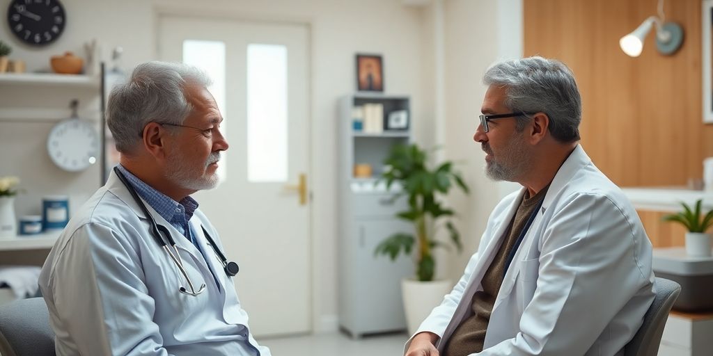 Hakenwurminfektion und Reisen: Patient und Arzt in einer hellen Arztpraxis.