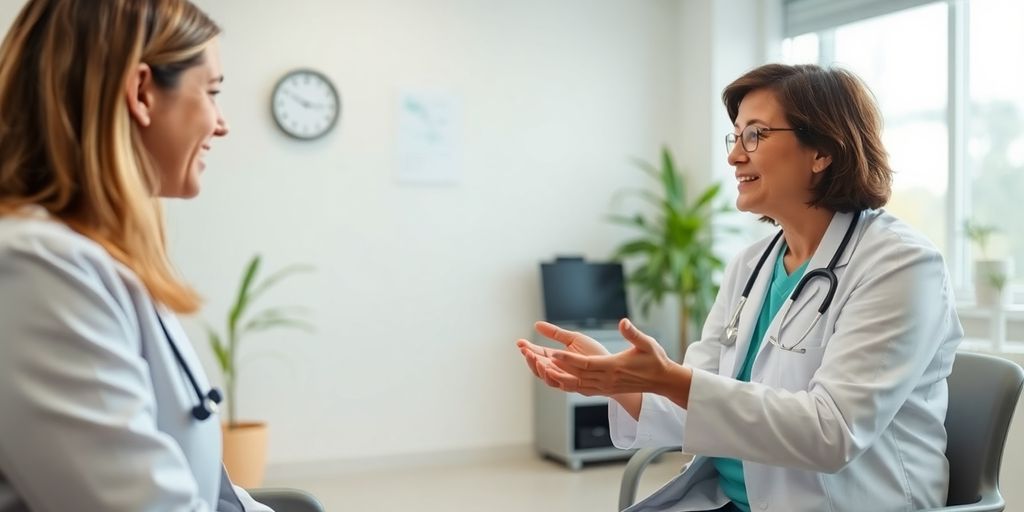 Cholangitis: Patient und Arzt im hellen medizinischen Raum.