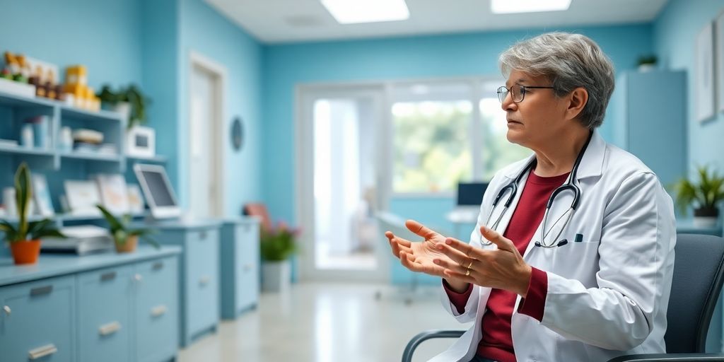 Gastroenteritis und psychische Gesundheit: Patient und Arzt im hellen medizinischen Umfeld.