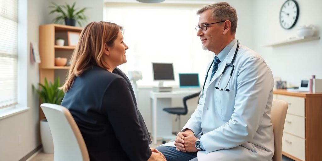 Patient und Arzt im hellen medizinischen Raum.