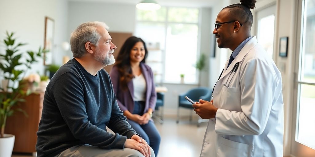 Patient und Arzt in einer hellen Arztpraxis.