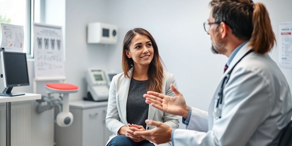 Patientin und Arzt in hellen Praxis diskutieren Behandlung.