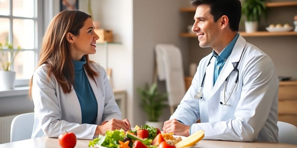 Patient und Arzt sprechen über Ernährung bei Erkrankung.
