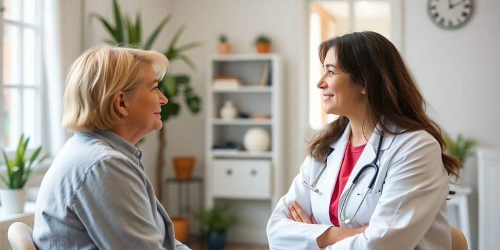 Patient und Arzt in einer hellen Arztpraxis sprechen über Gürtelrose und psychische Gesundheit