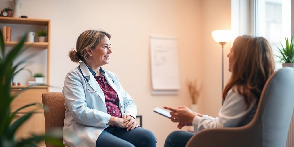 Alternative Heilmethoden bei Hashimoto: Patient und Arzt in einer hellen Arztpraxis.