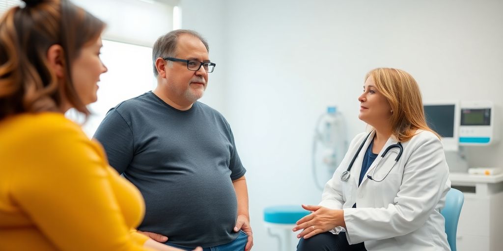 Patient und Arzt in einer hellen Arztpraxis sprechen über Fettleibigkeit.