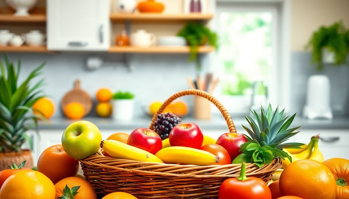 Mykosen und Ernährung: Colorful fruit basket in a bright kitchen setting.