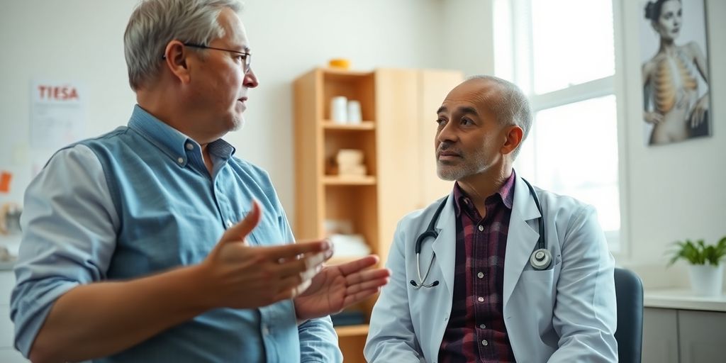 Gallenblasenpolypen und Cholesterin: Patient und Arzt im hellen medizinischen Raum.