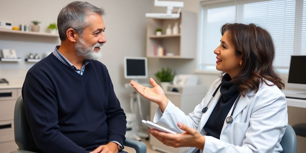 Diagnose von Gicht: Patient und Arzt in einer hellen Arztpraxis.