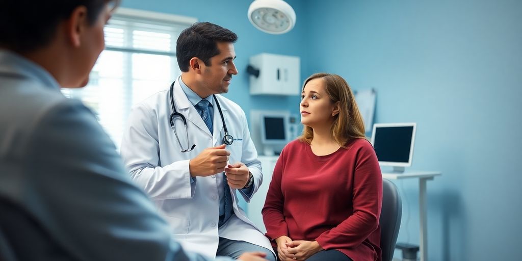Arzt erklärt Operation bei Divertikulitis an Patient.