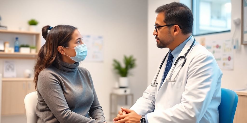 Dracontiasis: Patient und Arzt in einer hellen Arztpraxis.
