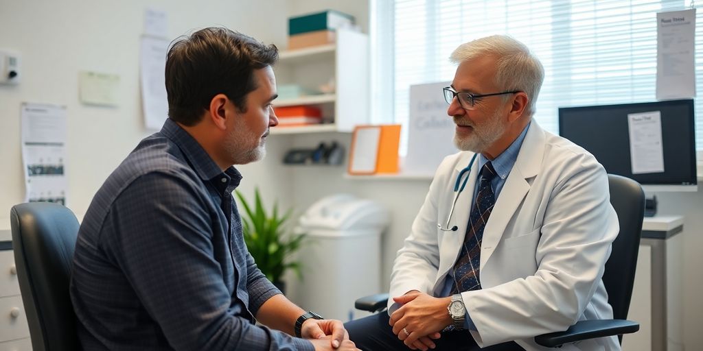 Patient und Arzt in einer hellen Arztpraxis besprechen Dracontiasis.