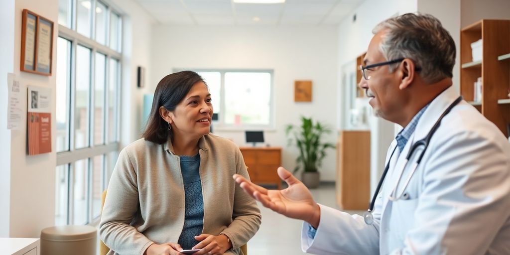 Chagas Krankheit: Patient und Arzt in einer hellen Arztpraxis.