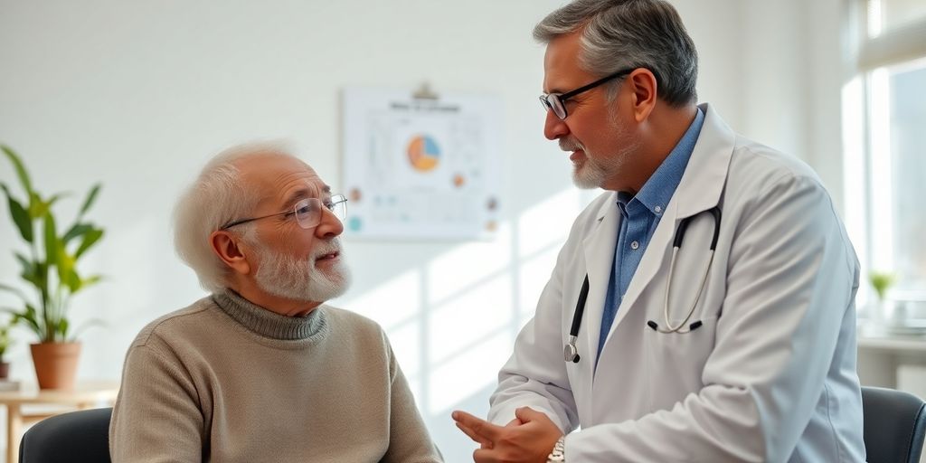 COPD und Umweltfaktoren: Patient und Arzt im hellen medizinischen Raum.