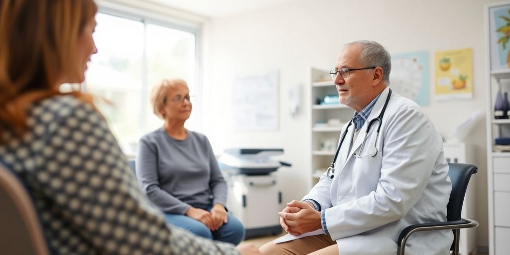 Behandlung von Dermatomyositis: Patient und Arzt in heller medizinischer Praxis.