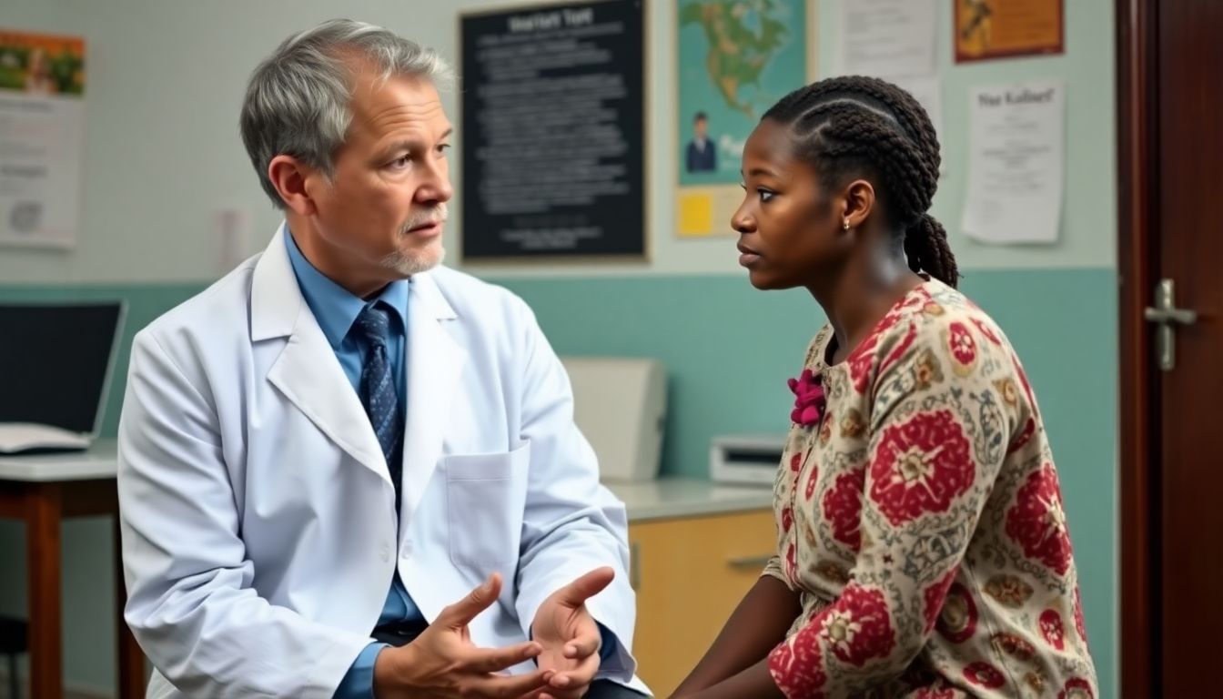 Symptome des Krim Kongo Fiebers: Doctor and patient discussing Krim Kongo Fever symptoms.