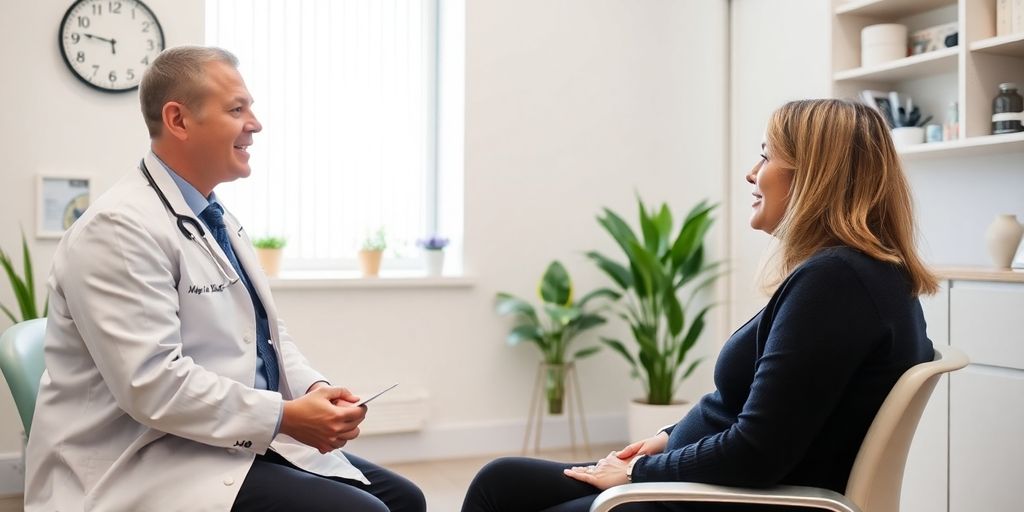 Patient und Arzt in einer hellen Arztpraxis sprechen über Dysphonie und Prävention