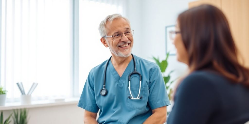 Diabetes mellitus: Prävention und Früherkennung: Patient und Arzt in einer hellen Arztpraxis.