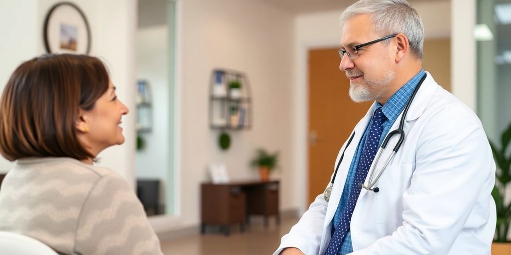 Patient und Arzt in einer hellen Arztpraxis besprechen Prophylaxe von Clusterkopfschmerz.