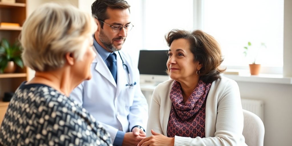 Prävention von Dysphagie: Patient und Arzt in einer hellen Arztpraxis.