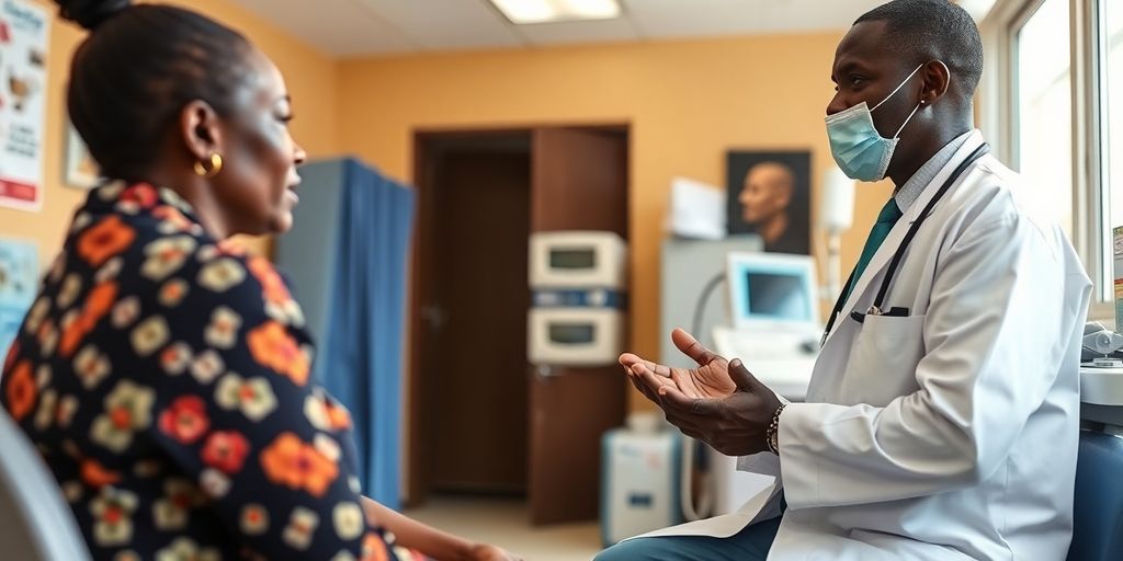 Patient und Arzt in einer hellen Arztpraxis sprechen über die psychosoziale Aspekte von Ebola