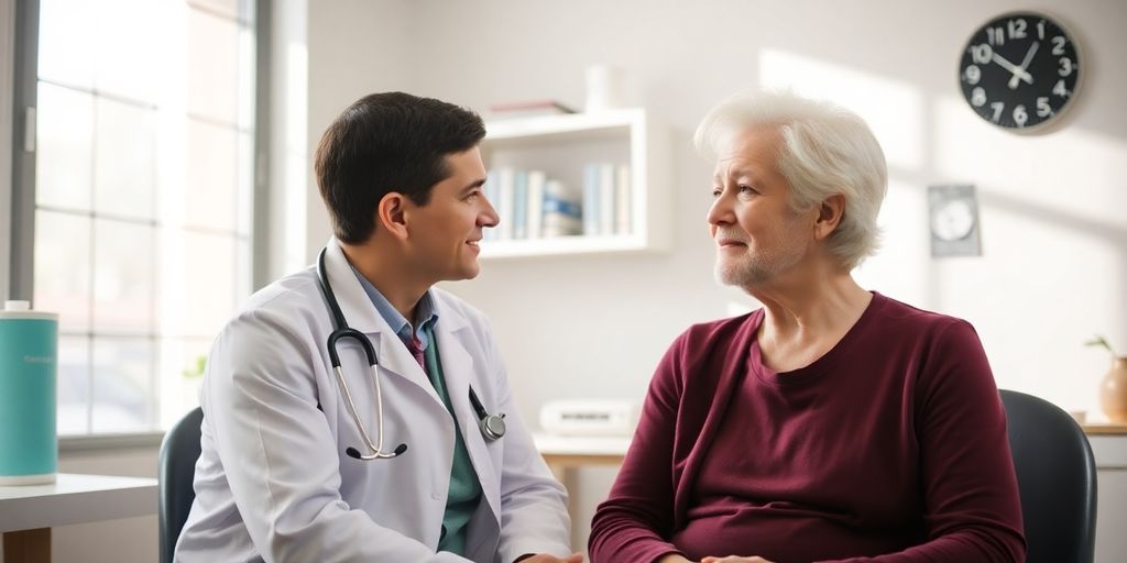 Genetik der Chorea Huntington: Patient und Arzt in einer hellen Arztpraxis.