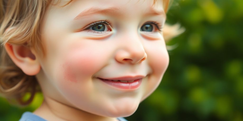 Lächelndes Kind mit rotem Ausschlag im Gesicht.