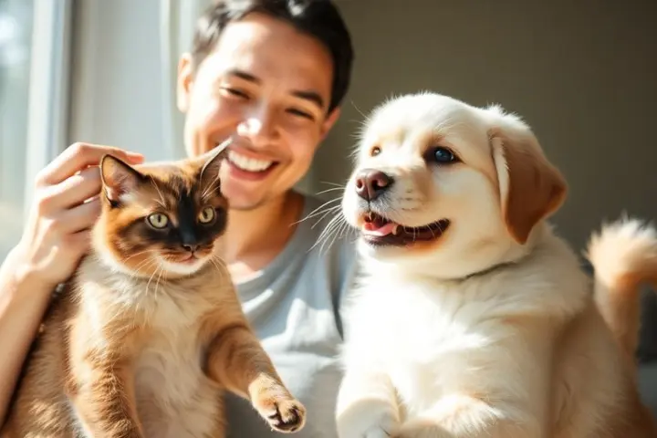Glücklicher Haustierbesitzer streichelt Katze und Hund