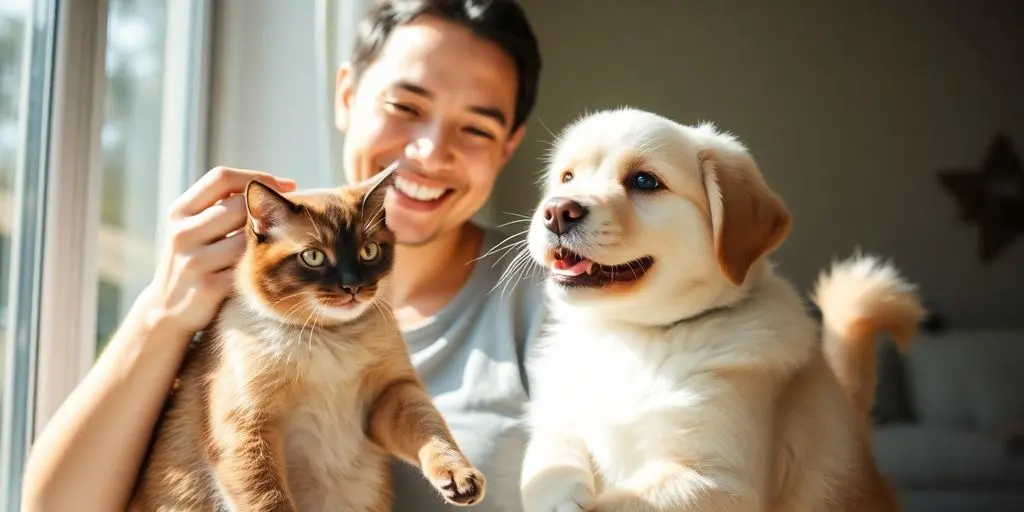 Glücklicher Haustierbesitzer streichelt Katze und Hund