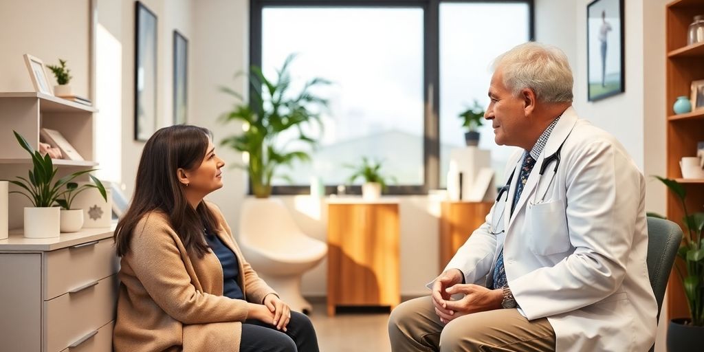 Dystonie: Patient und Arzt in einer hellen Arztpraxis.