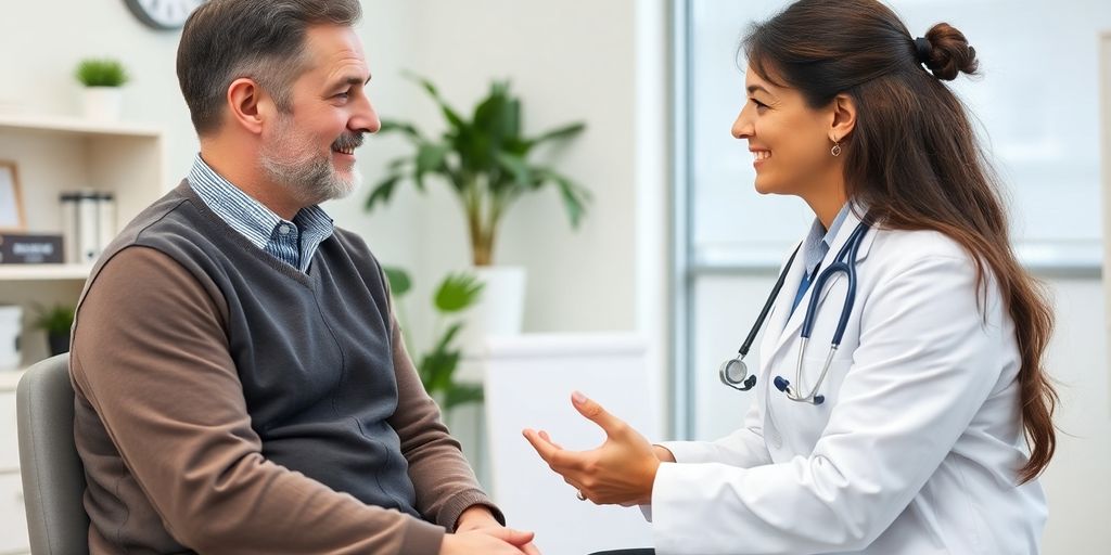 Patient und Arzt in einer hellen Arztpraxis.