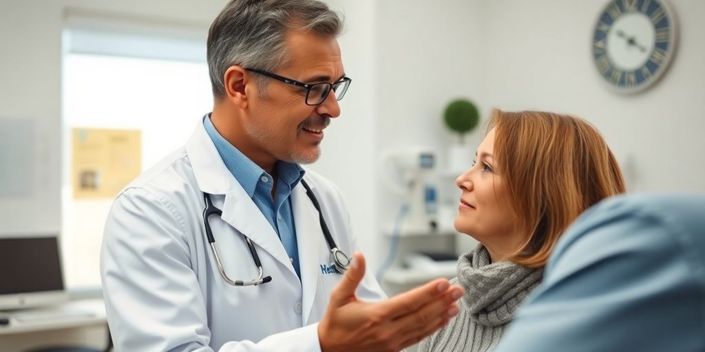 Patient und Arzt in heller Arztpraxis bei Beratung zur Eosinophilie.