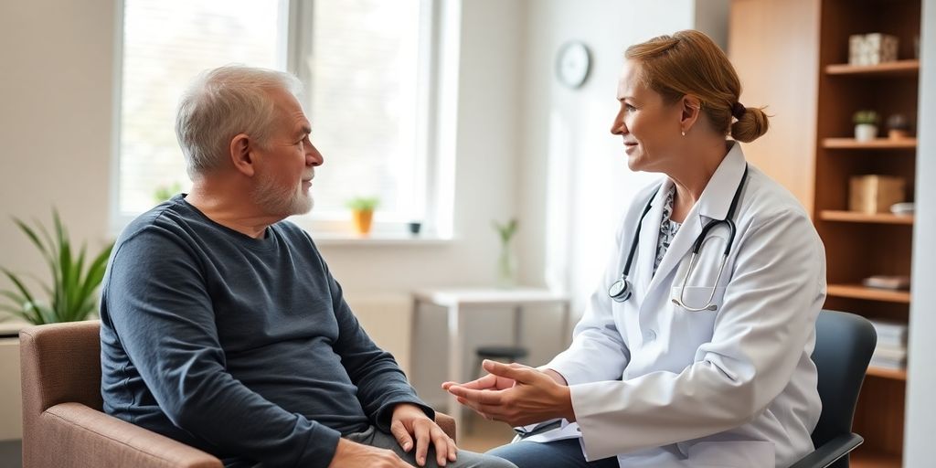 Patient und Arzt in einer hellen Praxis zur Chondrokalzinose.