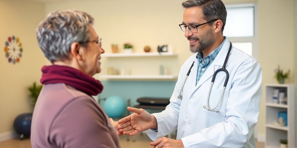 Chiari-Malformation: Patient und Arzt in einer hellen Praxis für Physiotherapie.