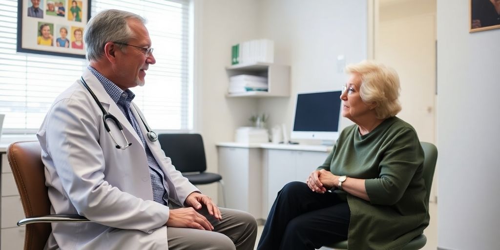 Patient und Arzt in einer hellen Arztpraxis besprechen Lebensqualität mit der Creutzfeldt-Jakob-Krankheit